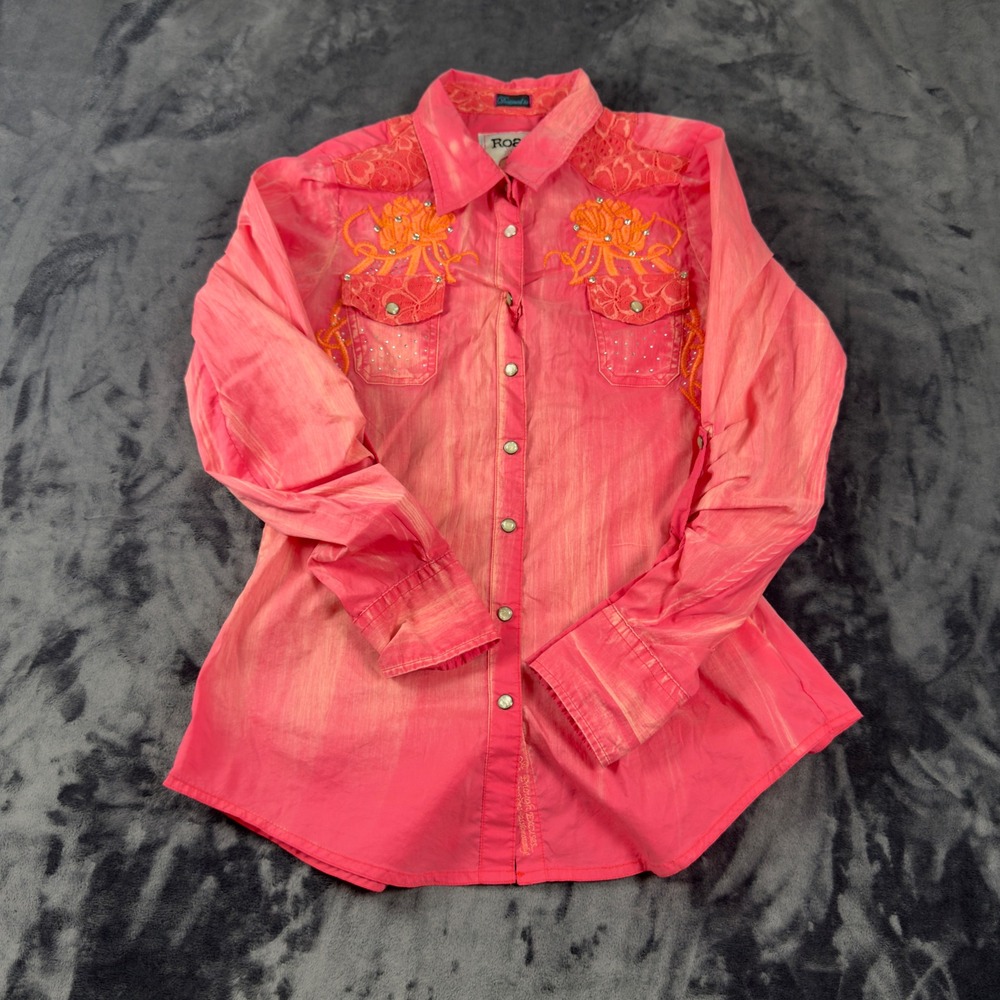 Roar Western Shirt Womens Medium Pink Embroidered Lace Rhinestone Snap WW50107B